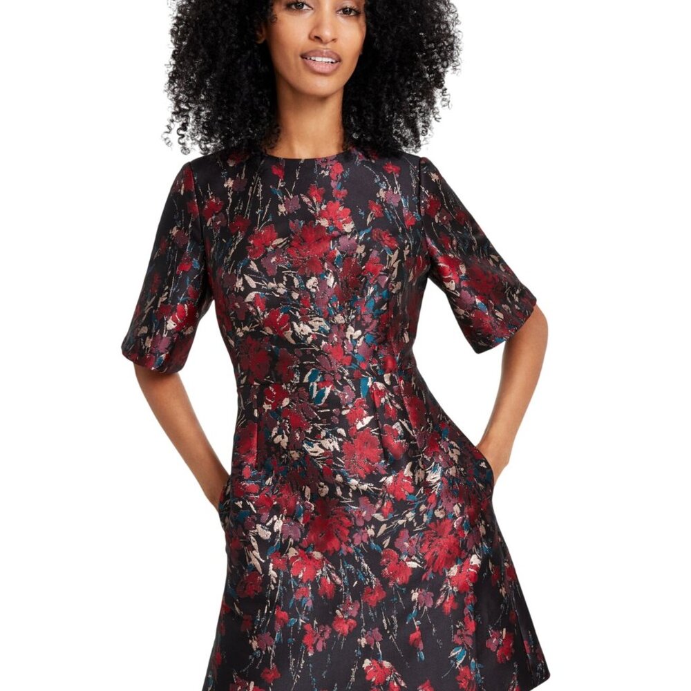 Vince Camuto Womens Floral Jacquard Short-Sleeve Dress VC4M5797 Red Multi 12 NWT - Picture 4 of 11